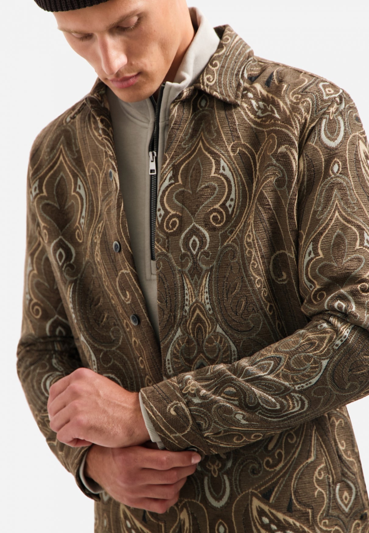 Patterned jacquard overshirt | Brown