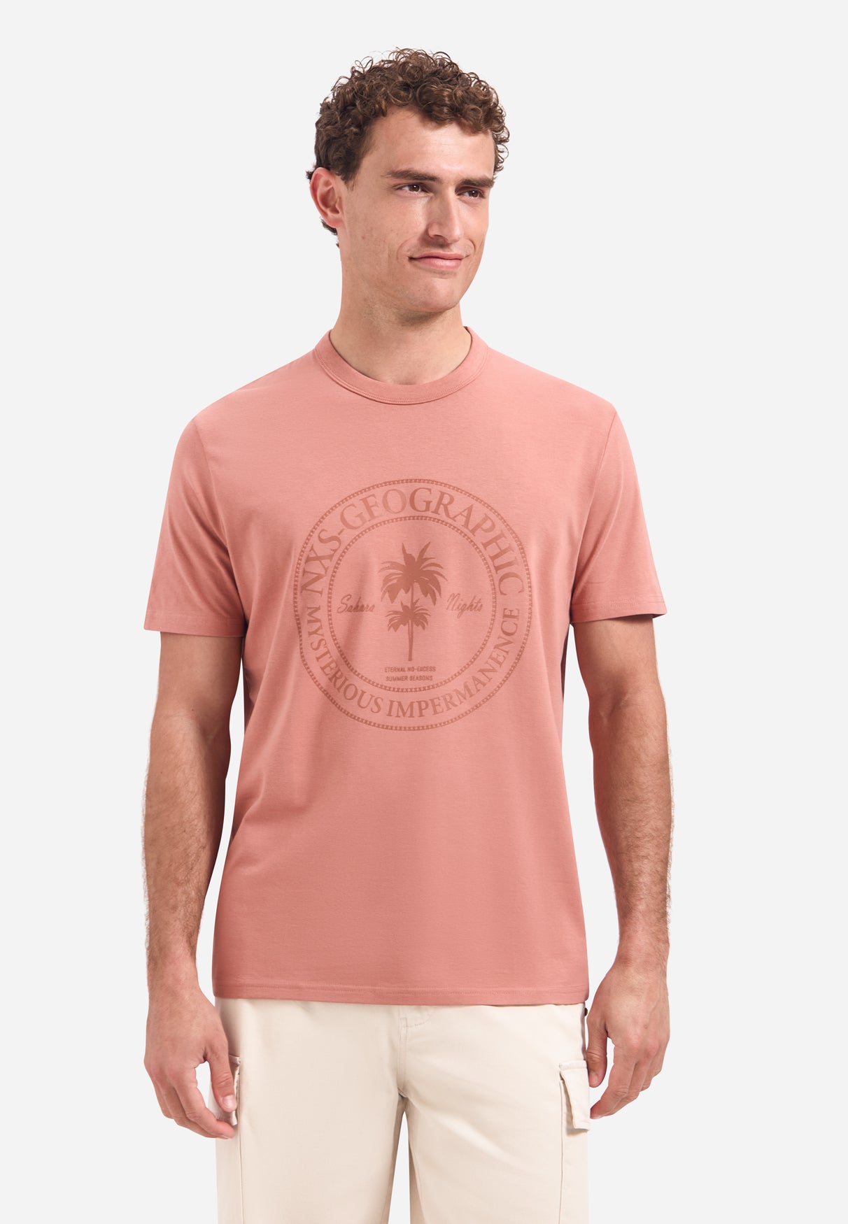 T-Shirt mit Rundhalsausschnitt, kurzen Ärmeln und Aufdruck | Coral