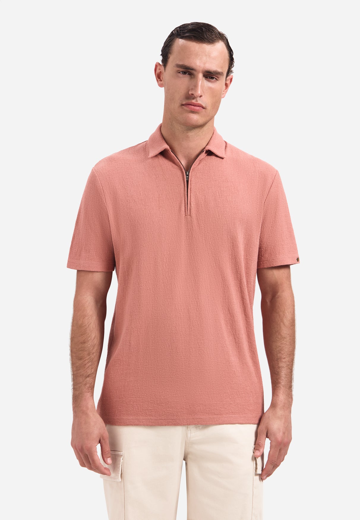 Kurzärmeliges Polo mit V-Ausschnitt und Reißverschluss | Coral