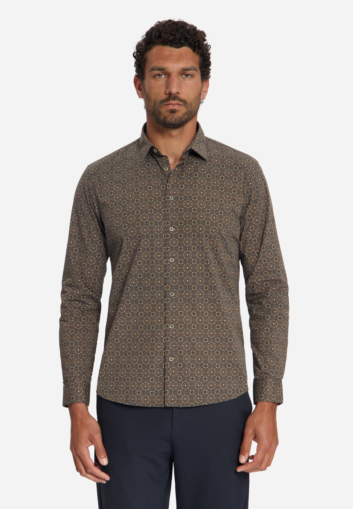 Geometric Print Stretch Shirt | Caramel