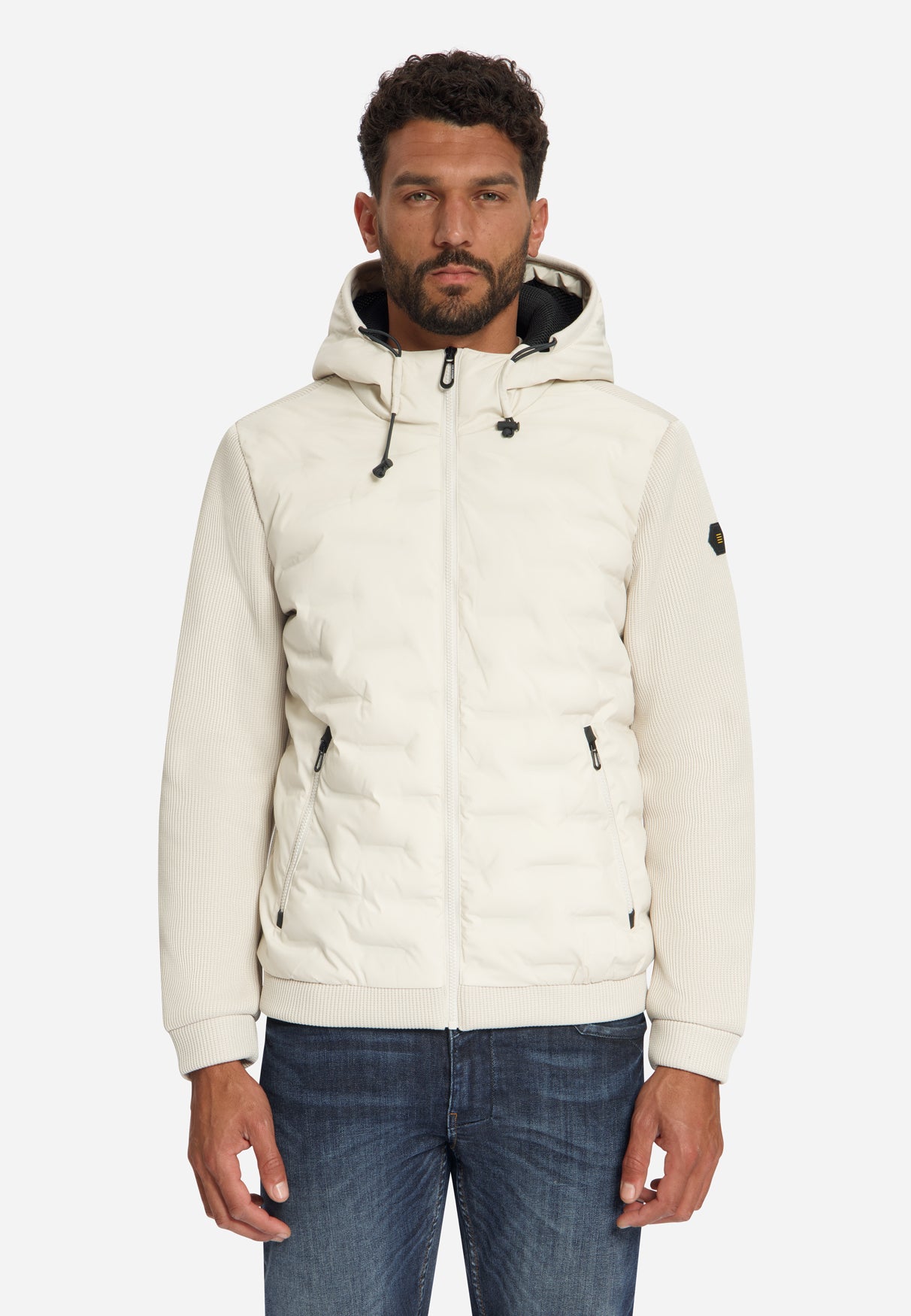 Jacke, kurze Passform, versiegelte Kapuze, Strickmischung | stone