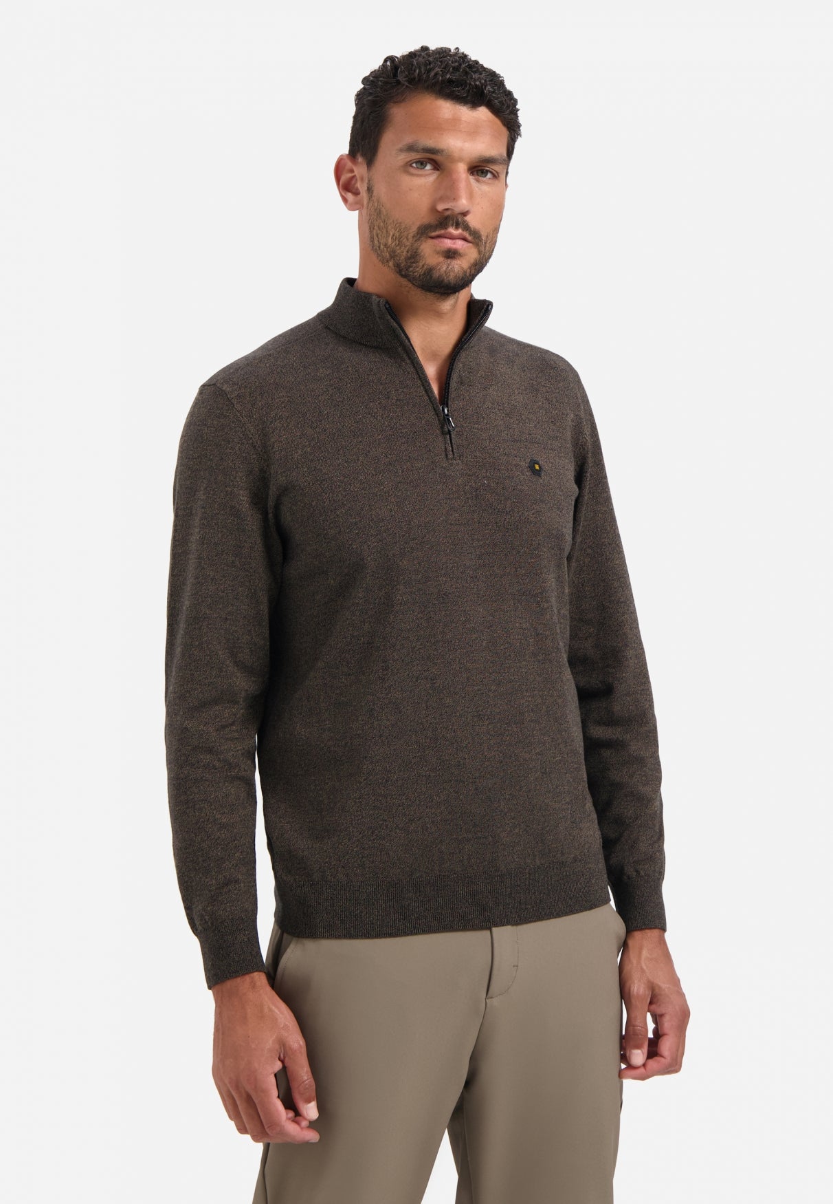 Melange-Pullover mit halbem Reißverschluss | Taupe
