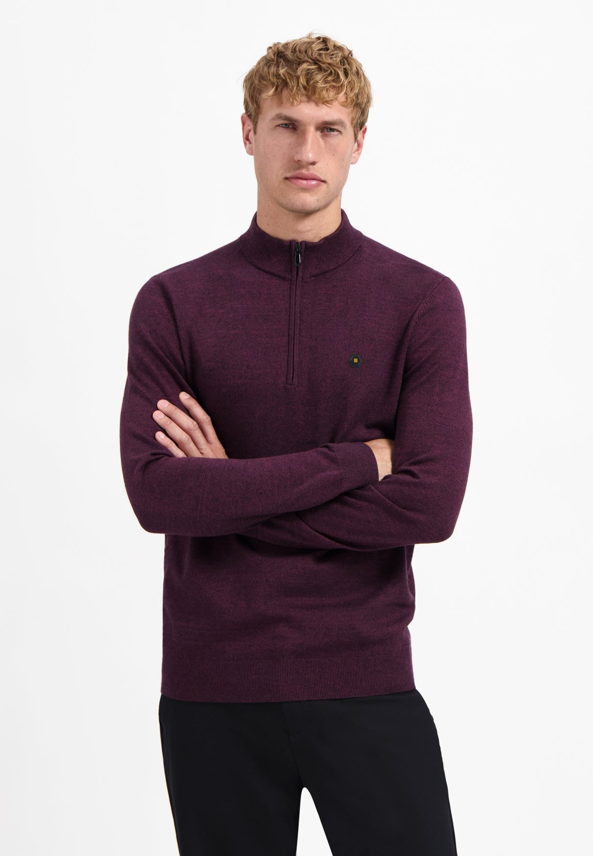 Melange-Pullover mit halbem Reißverschluss | Dark Wine