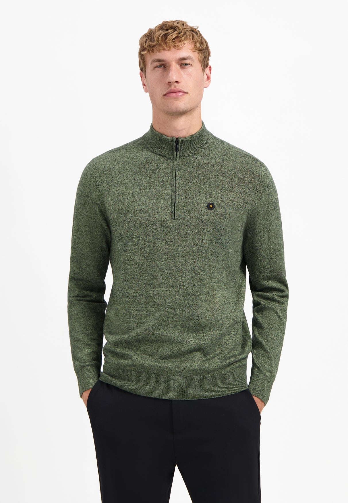 Melange-Pullover mit halbem Reißverschluss | Light Moss