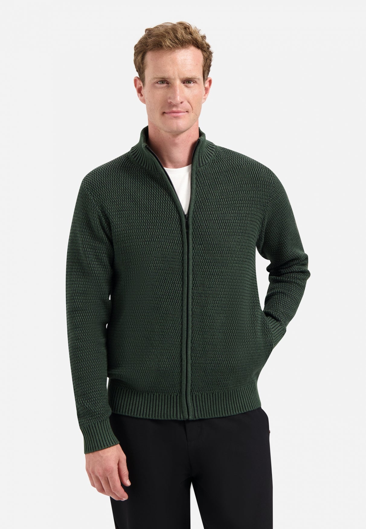 Strickjacke in schwerer Melange-Optik | Dunkelgrün