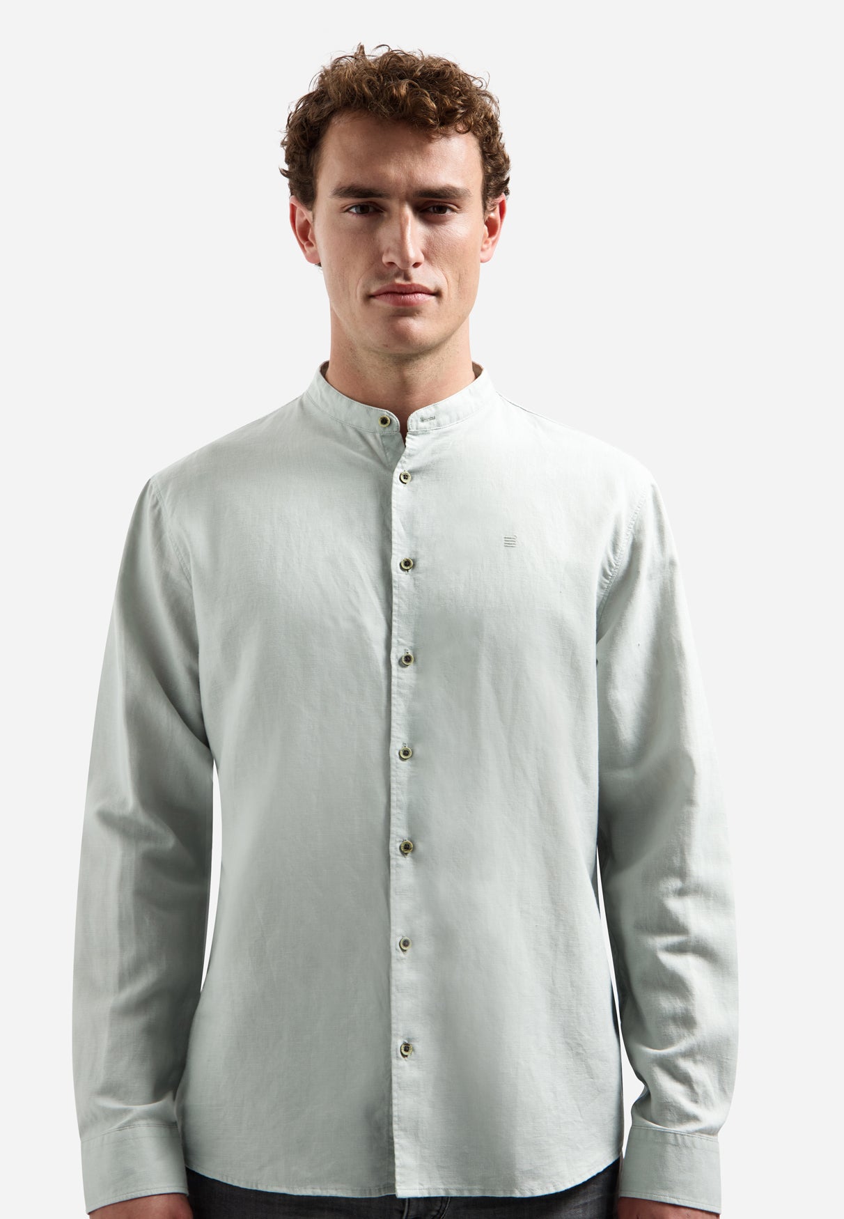 Linen-blend shirt with a stand-up collar | Dusty Green