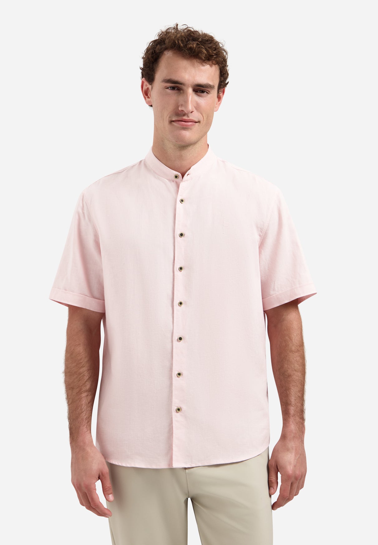 Hemd aus Leinenmischung mit kurzen Ärmeln und Stehkragen | Soft Pink