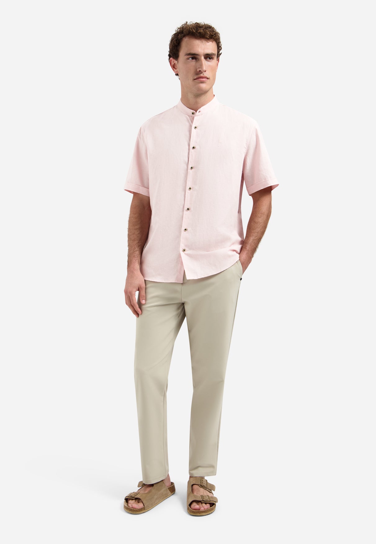 Hemd aus Leinenmischung mit kurzen Ärmeln und Stehkragen | Soft Pink