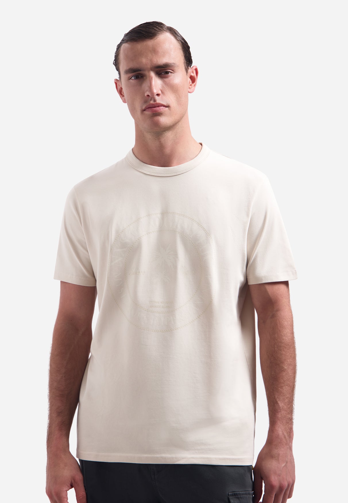 T-Shirt mit Rundhalsausschnitt, kurzen Ärmeln und Aufdruck | Stone