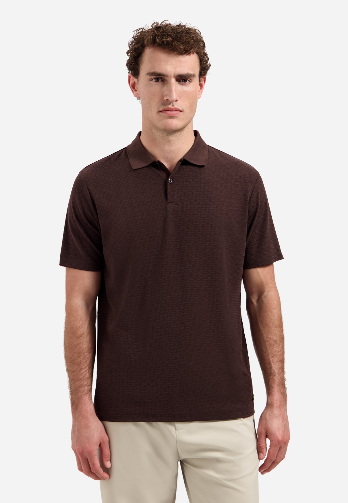 Polohemd mit V-Ausschnitt, kurzen Ärmeln und Struktur | Dark Brown