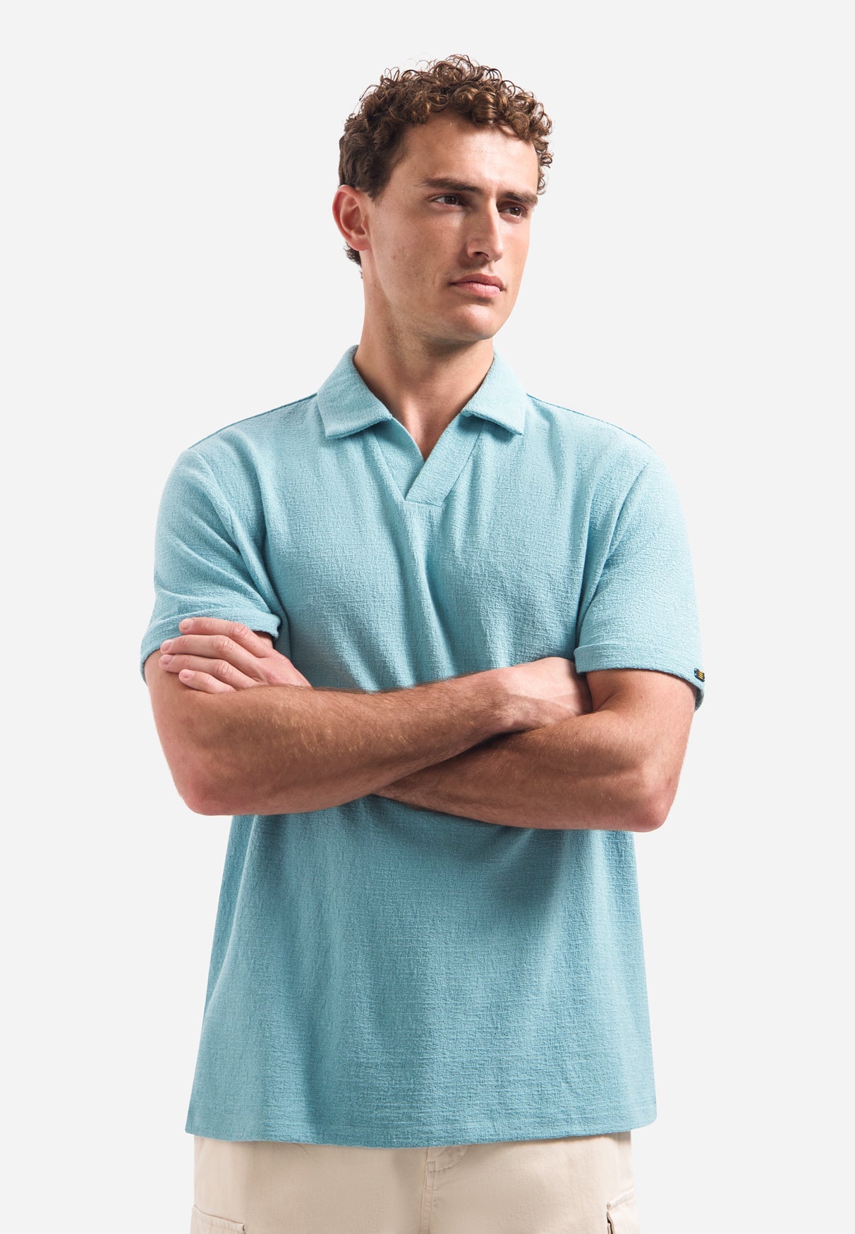 Kurzärmeliges Polo mit strukturiertem V-Ausschnitt | Seablue