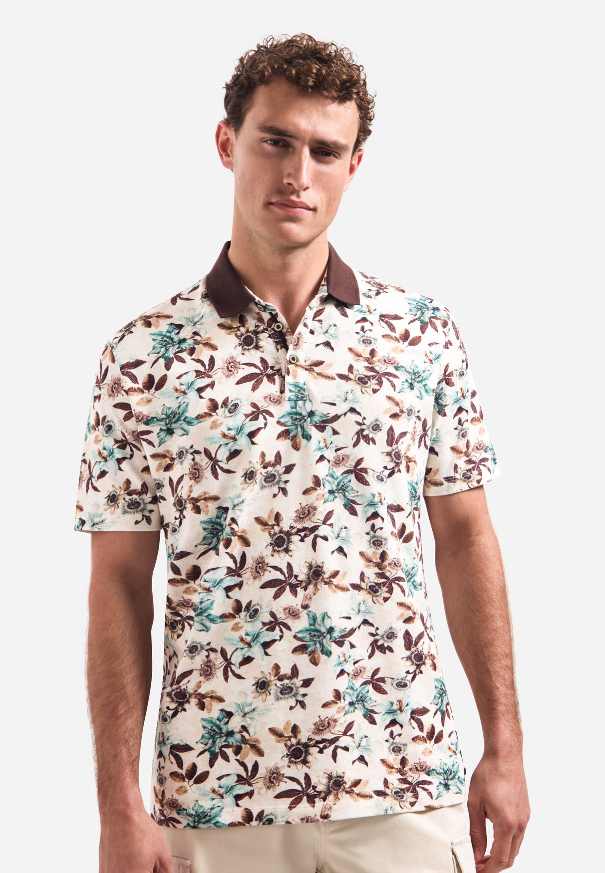 Polohemd mit V-Ausschnitt, kurzen Ärmeln und Blumenmuster | Seablue