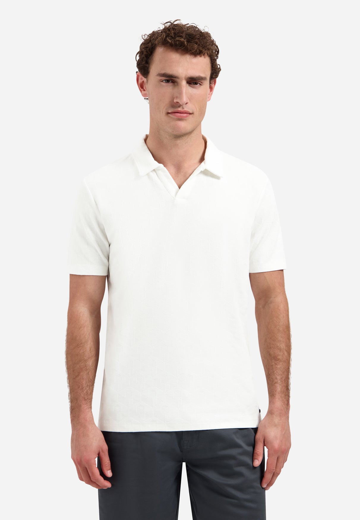 Short-sleeve V-neck polo with jacquard print | White