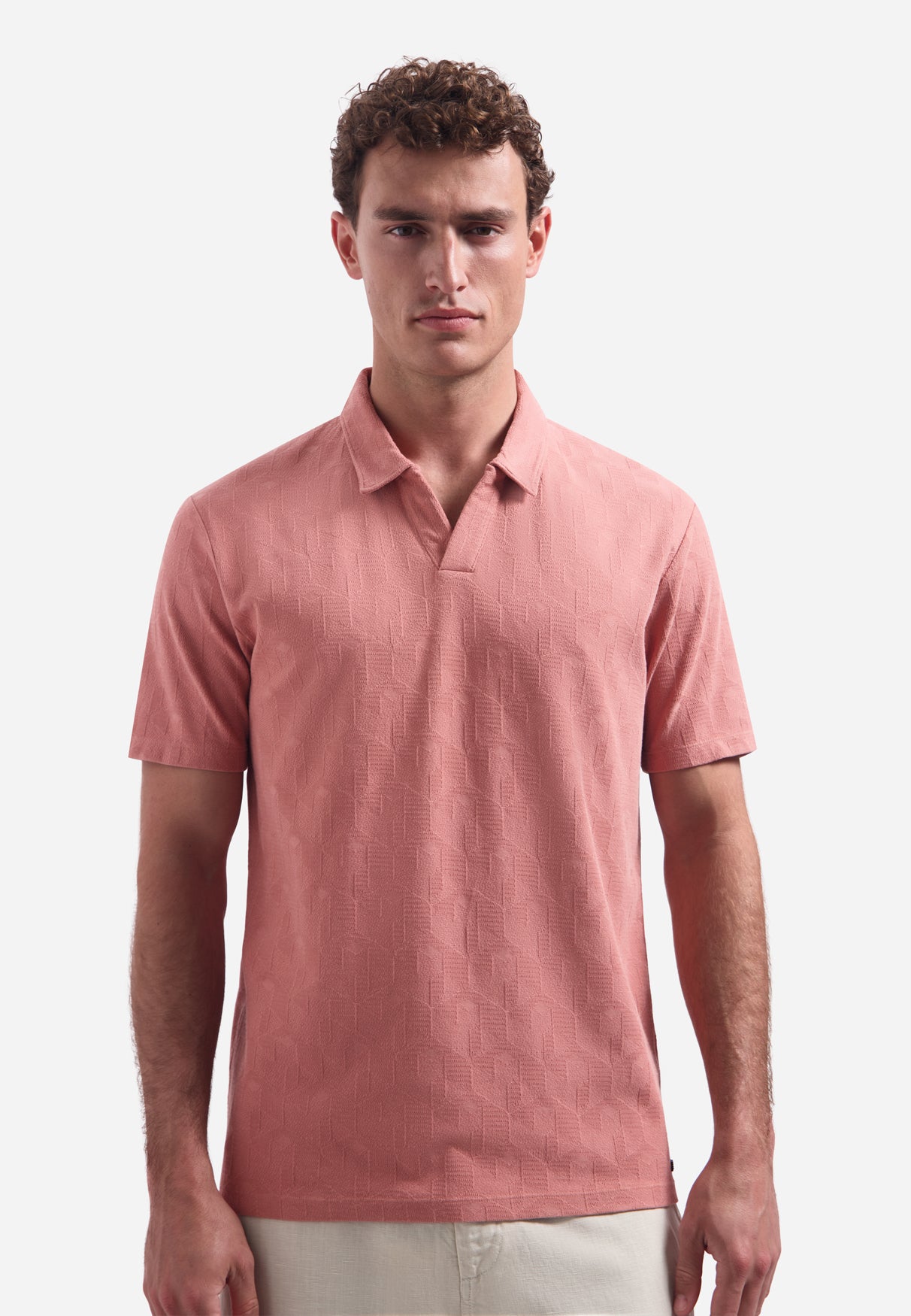 Polohemd mit V-Ausschnitt und kurzen Ärmeln mit Jacquard-Print | Coral