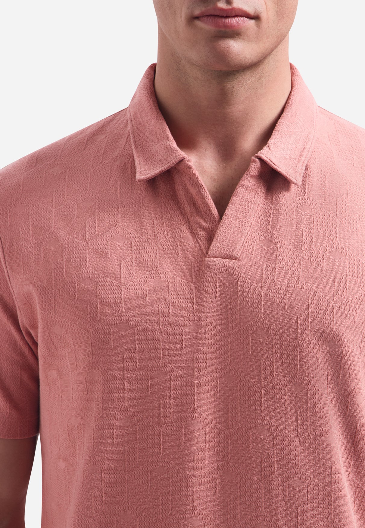 Polohemd mit V-Ausschnitt und kurzen Ärmeln mit Jacquard-Print | Coral