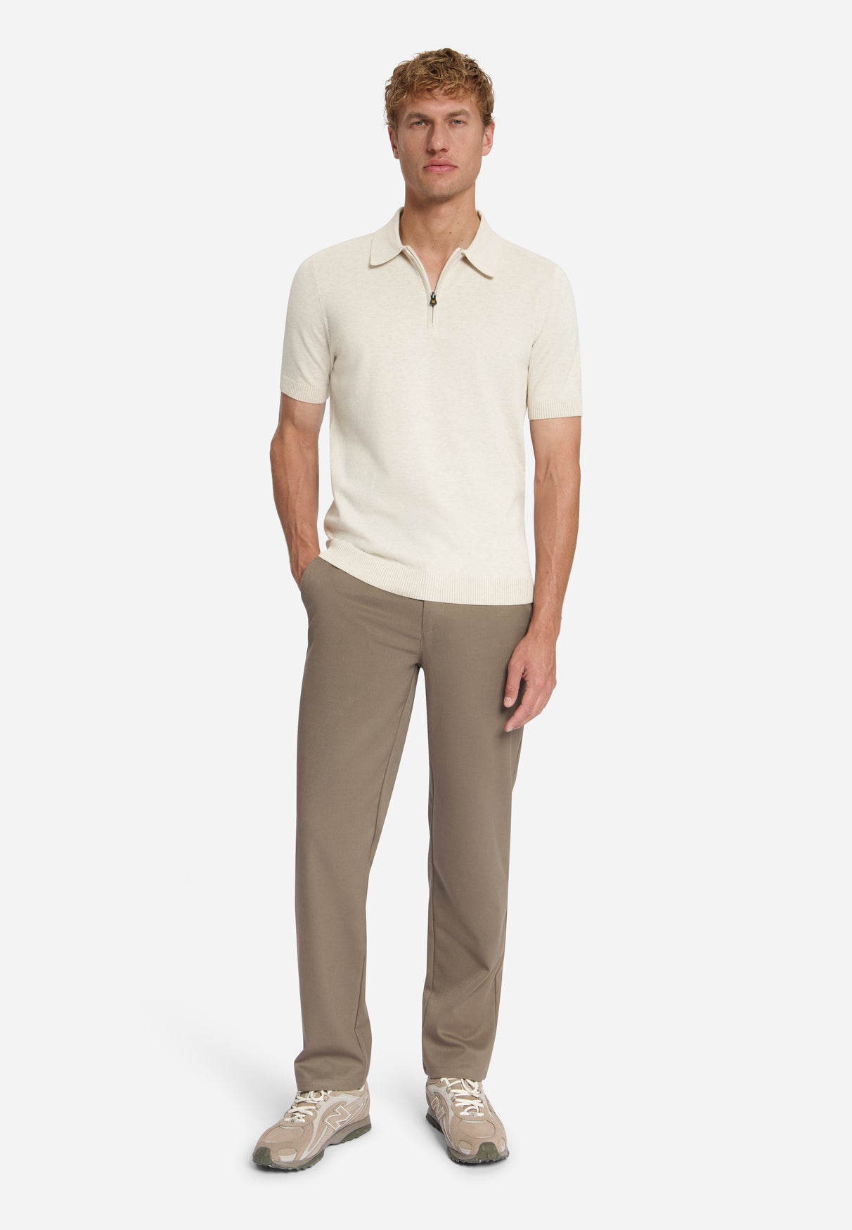 Fine Knit Zip Polo | Stone