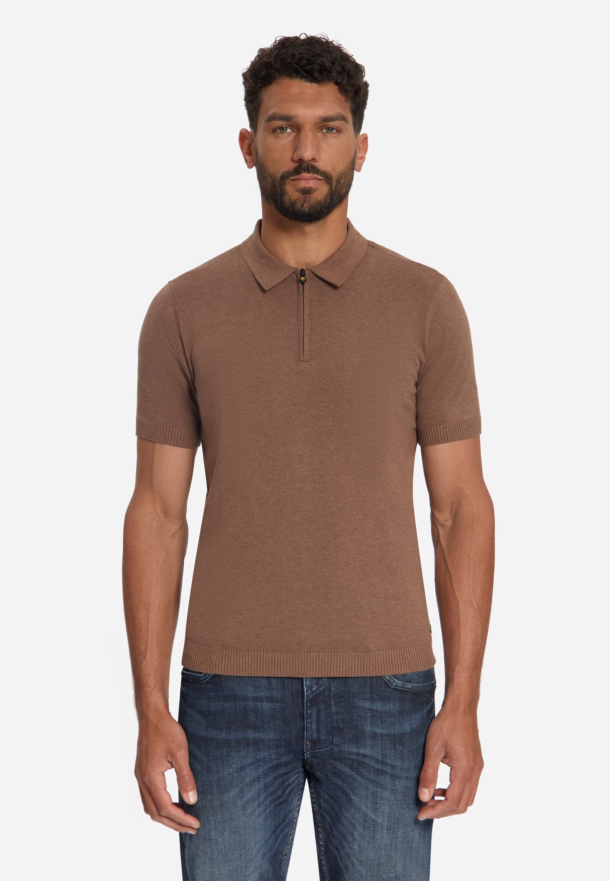 Feinstrick Zip-Polo | Light Brown