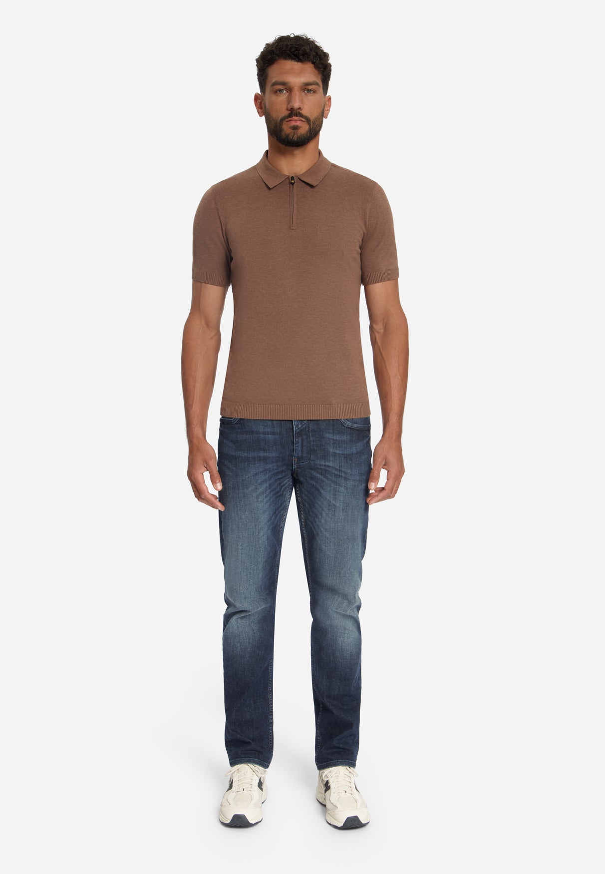 Feinstrick Zip-Polo | Light Brown