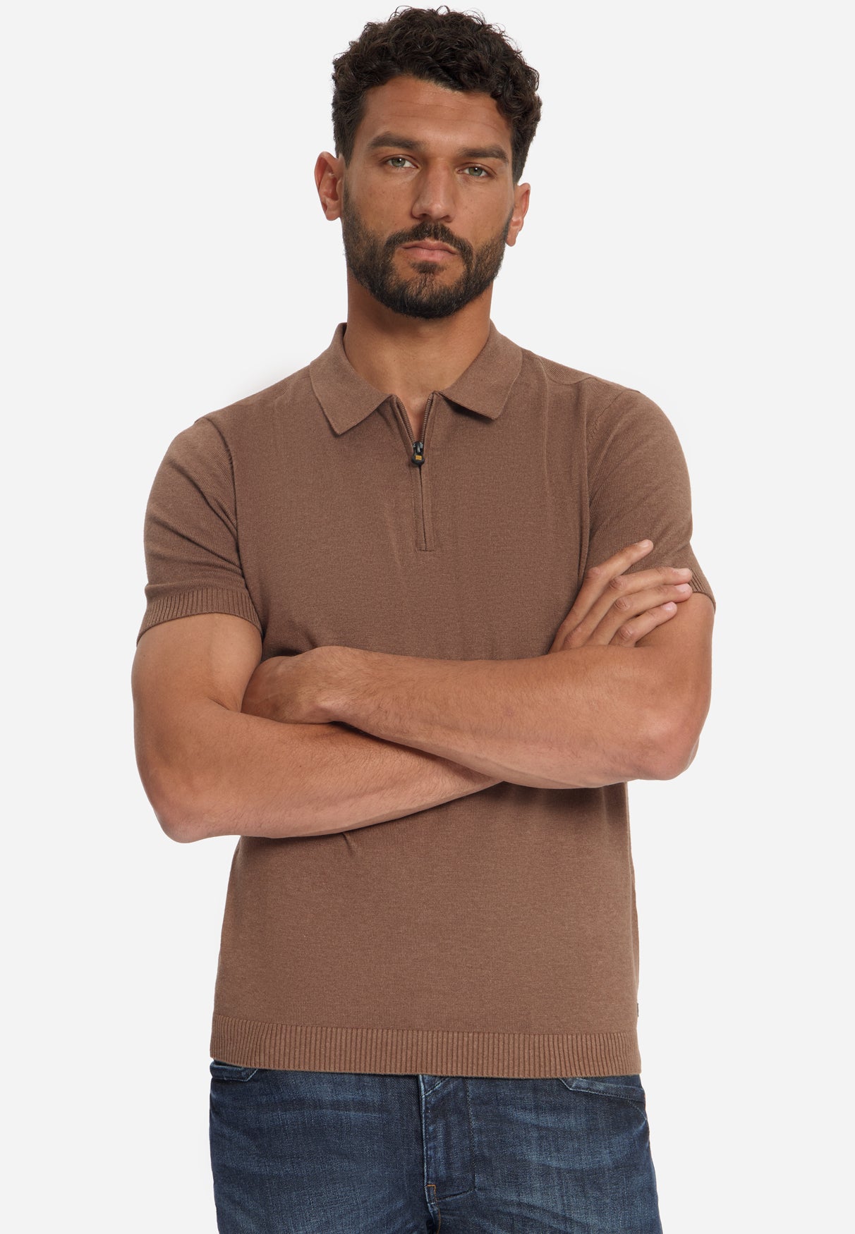 Feinstrick Zip-Polo | Light Brown