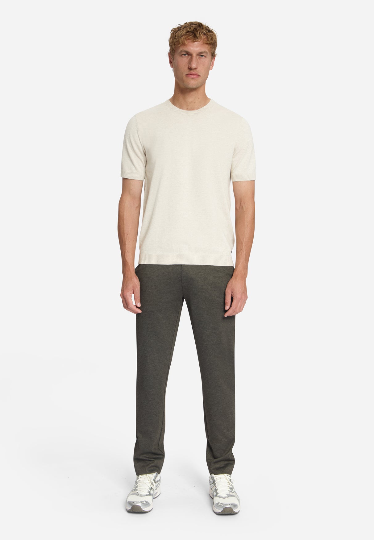 Melange Kurzarm-Strickpullover | Stone