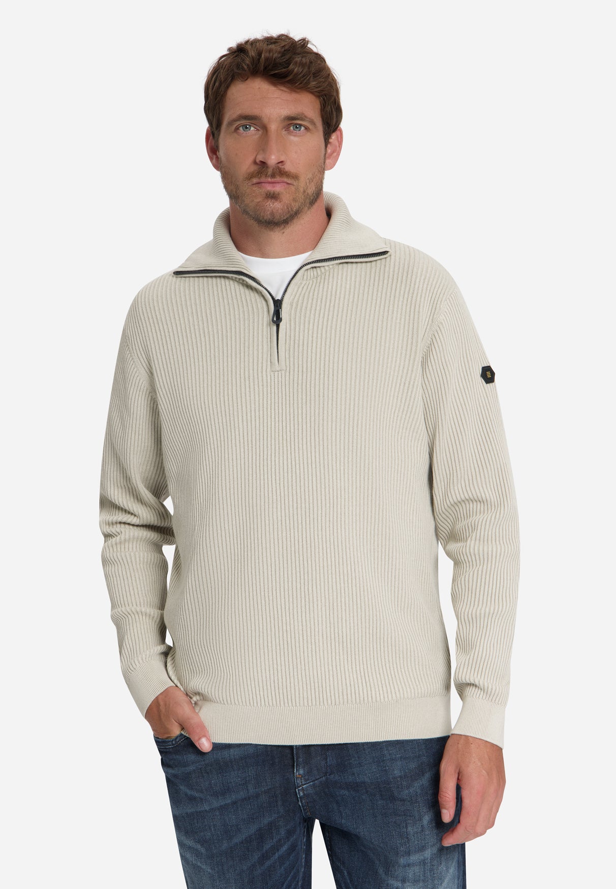 Gerippter Half-Zip-Pullover | Stone