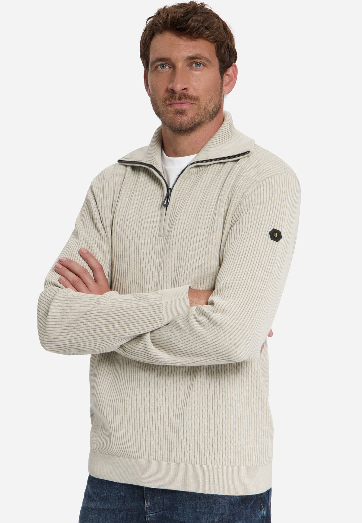 Gerippter Half-Zip-Pullover | Stone