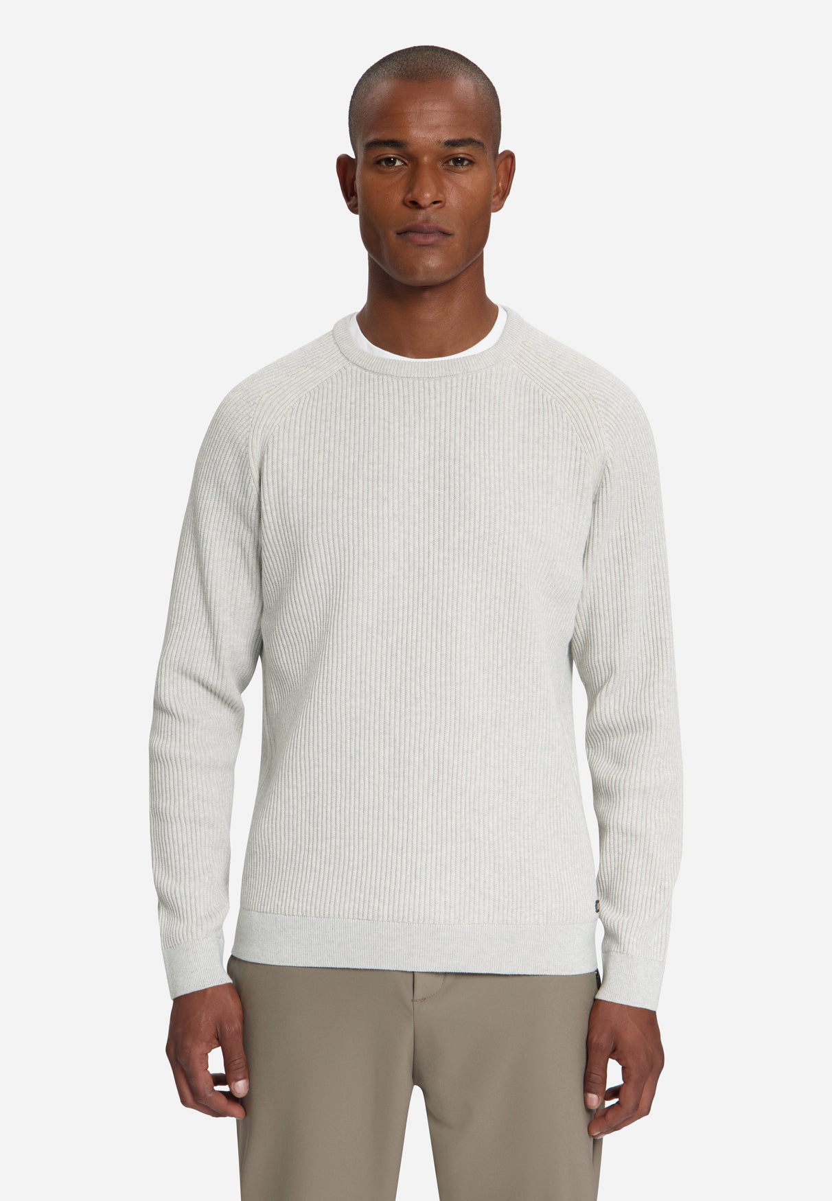 Pullover mit Rundhalsausschnitt und Tuck Stitch | Light Grey Melange