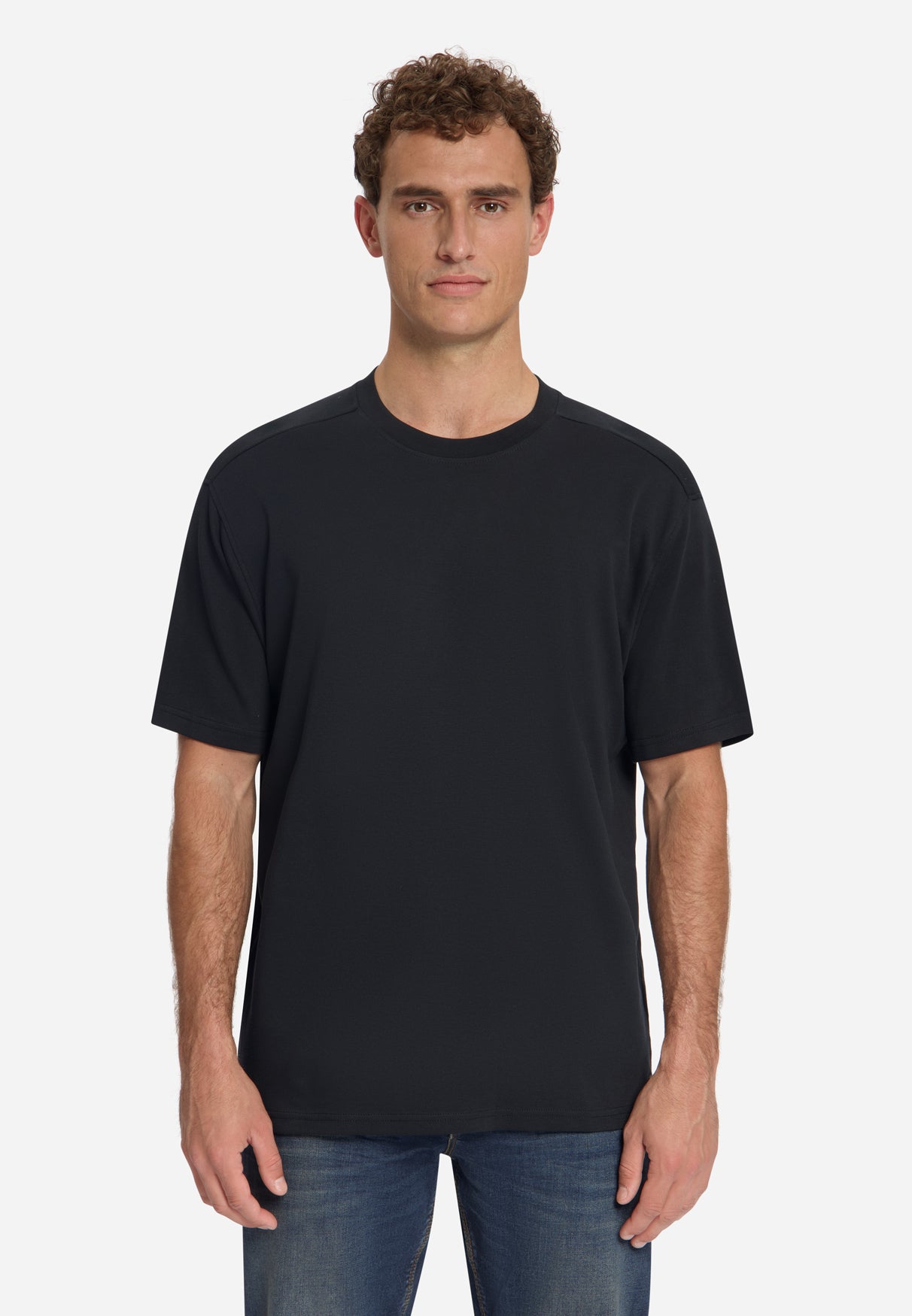 T-Shirt mit Rundhalsausschnitt, einfarbig, aus schwerem Interlock-Stoff | Schwarz