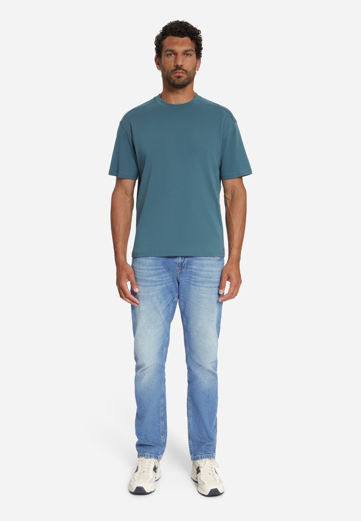 T-Shirt mit Rundhalsausschnitt, einfarbig, aus schwerem Interlock-Stoff | shadow blue