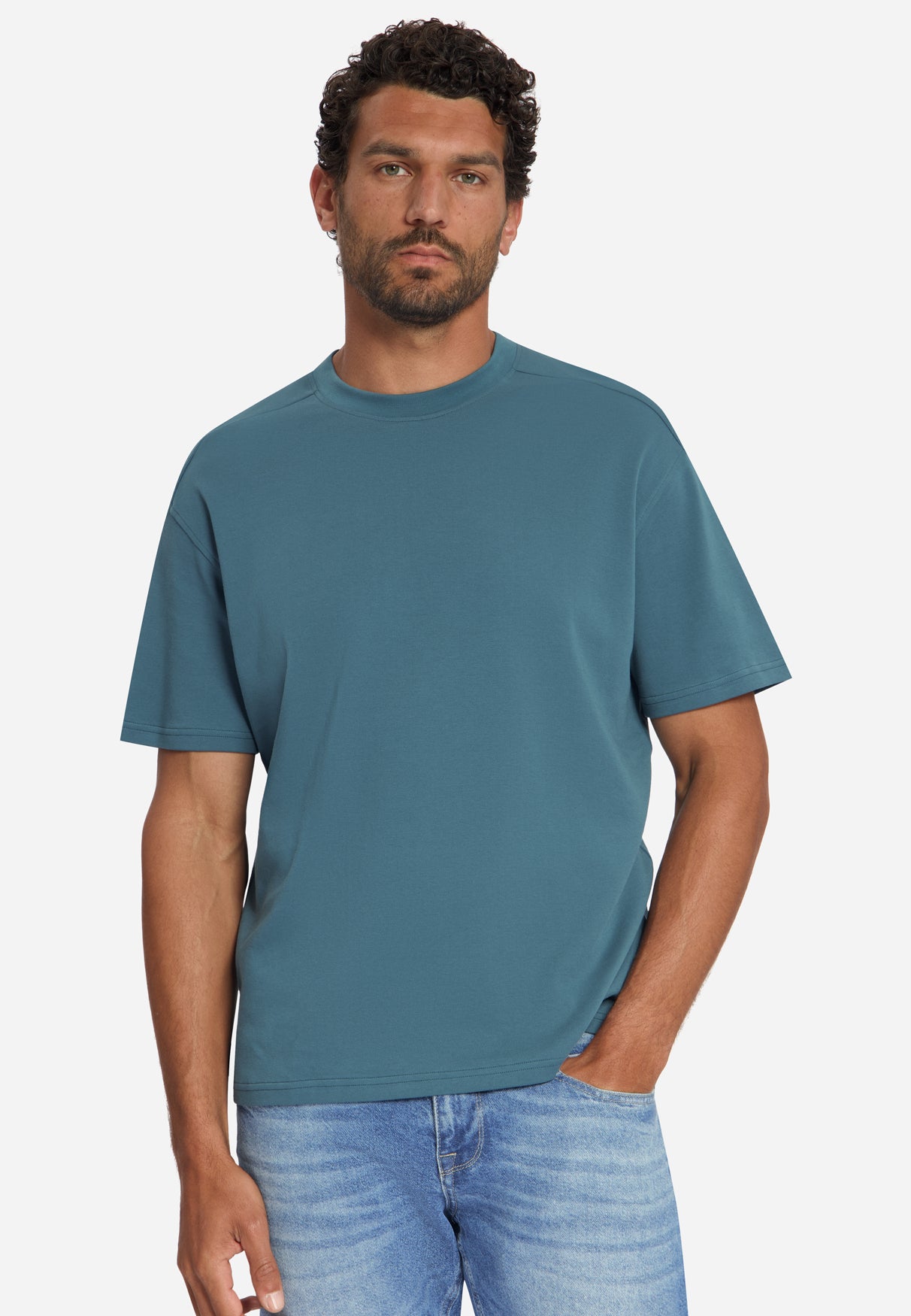T-Shirt mit Rundhalsausschnitt, einfarbig, aus schwerem Interlock-Stoff | shadow blue