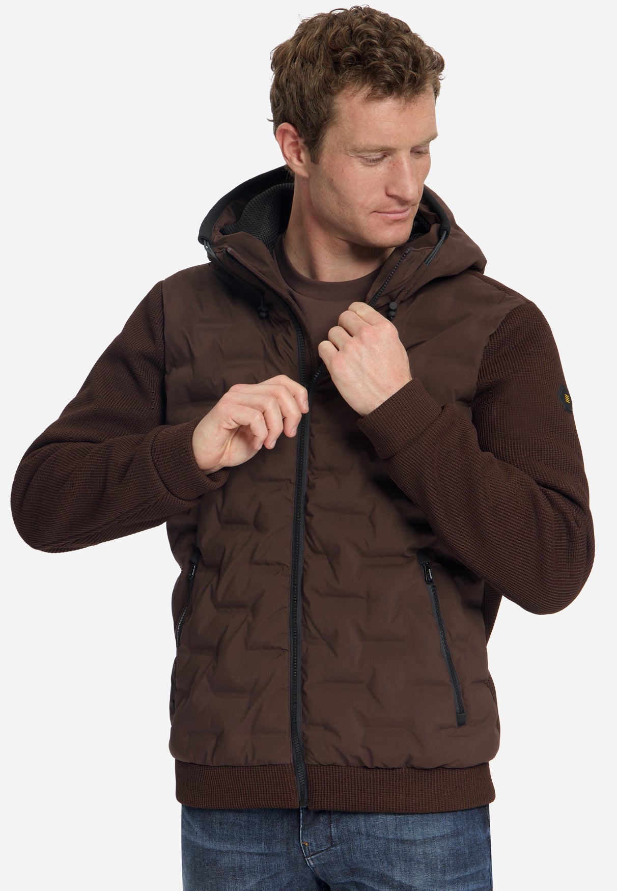 Jacke, kurze Passform, versiegelte Kapuze, Strickmischung | Dunkelbraun