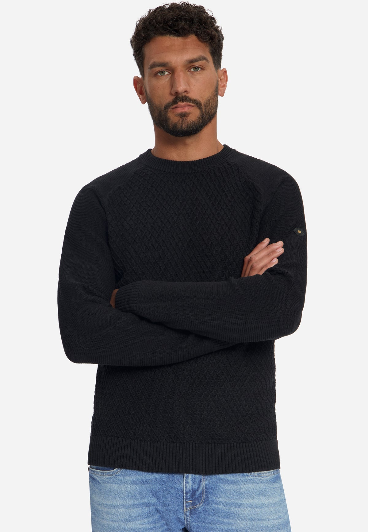 Pullover mit Rundhalsausschnitt und Zopfmuster | Schwarz