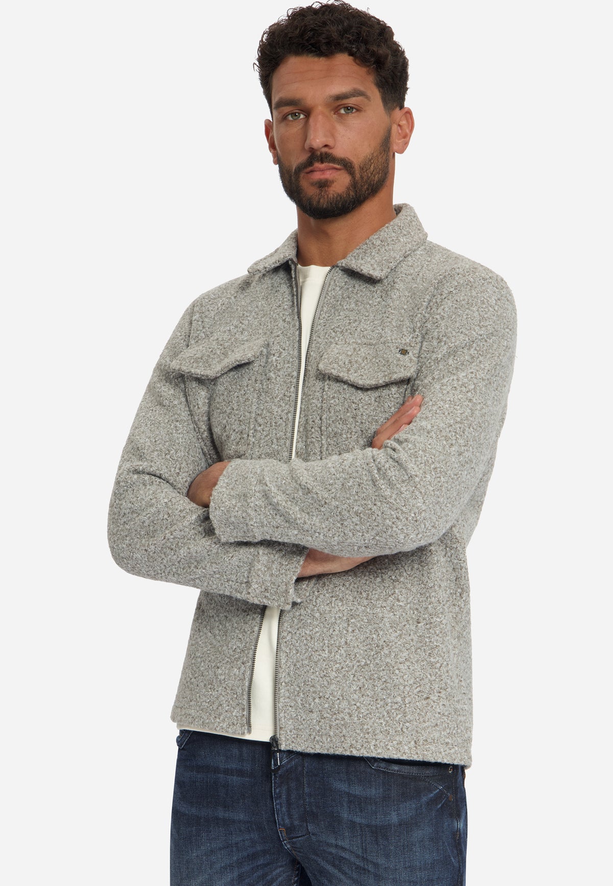 Bouclé-Overshirt mit Reißverschluss | Grey Melange